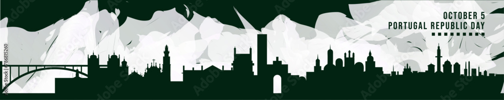 Happy Portugal Republic Day in October banner with cities skyline, panorama. Flat vector celebration graphic, layout for footer, steamer, header