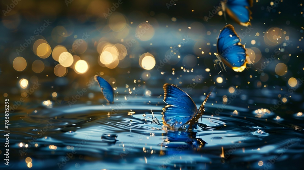 Butterflies on water, shimmer blue and gold colors, sparkling water reflections,digital art style.