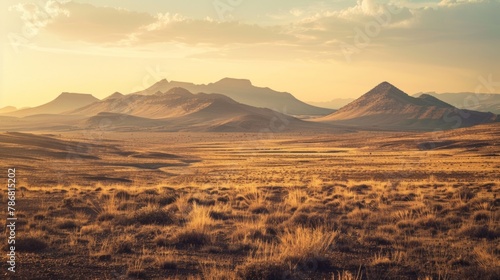 Scenic desert terrain with towering mountains in background, showcasing the beauty of arid landscapes photo