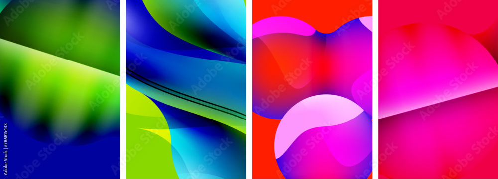 A vibrant collage featuring colors like purple, violet, magenta, and electric blue. Abstract art with patterns of circles and rectangles in a colorful and dynamic font