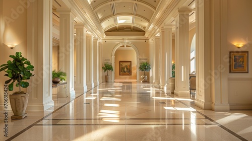 A long hallway with white pillars and a large painting on the wall