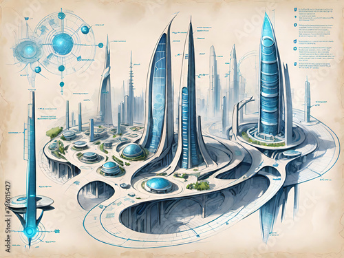 Hand drawn sci-fi city plan on paper