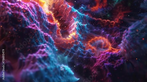 Marvel at the cosmic dance of abstract neon fractals  their vibrant colors and intricate patterns swirling through the void of space  captured in mesmerizing detail by an advanced HD camera