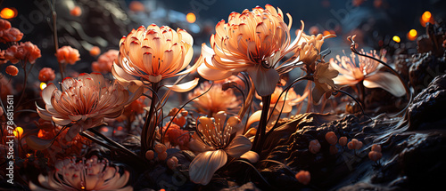 flowers in a field with a dark background and a light in the background photo