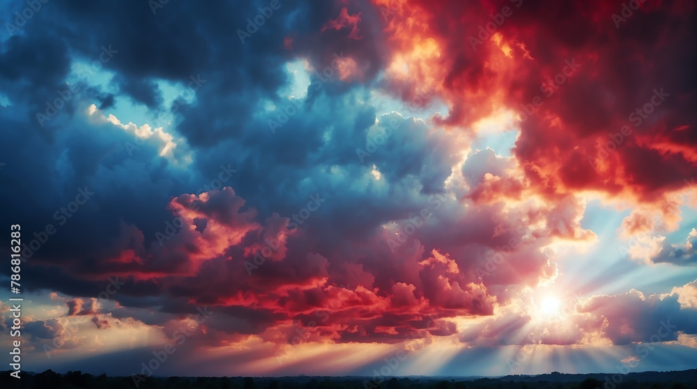 dramatic blue and red clouds with sunlight rays background from Generative AI