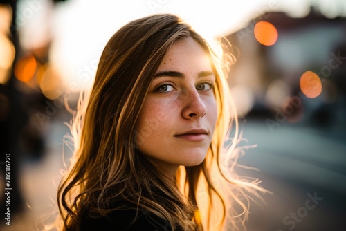 Portrait of a beautiful young woman in the city at sunset.