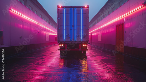 a cargo bay of a truck addressed as a music band , magenta and blue neon lights,generative ai photo