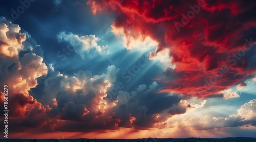 dramatic blue and red clouds with sunlight rays background from Generative AI