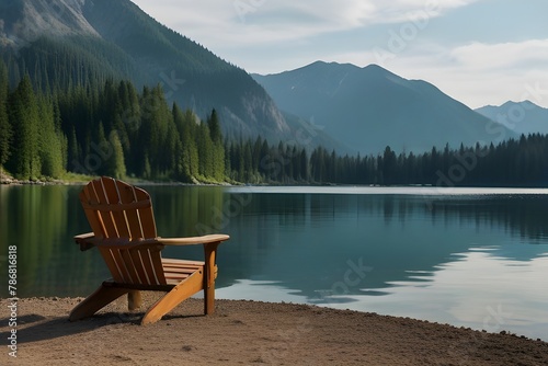 Chair on the shore of a serene lake with tall serene mountains in the background. Generative AI © Ghulam