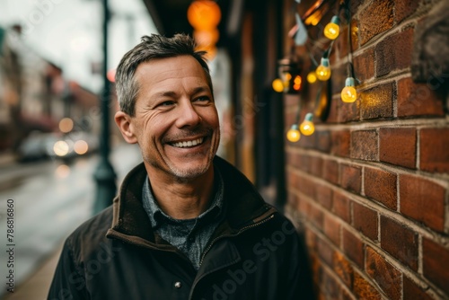 Portrait of handsome middle-aged man smiling at camera while standing in the city.