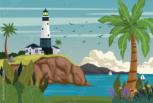 Lighthouse on rock stones island landscape, Mercusuar tower illustration in flat style