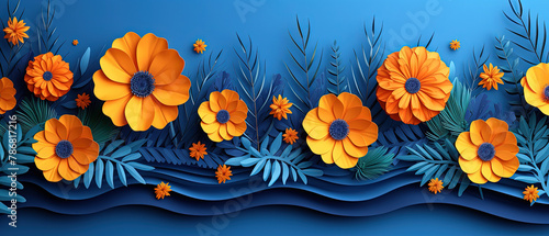 a many flowers that are in the middle of a blue background