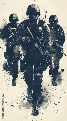 Minimalist background Tshirt design featuring a swat team, portrayed as a modern masterpiece of courage and teamwork, 