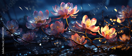 flowers are lit up in the dark with water droplets photo
