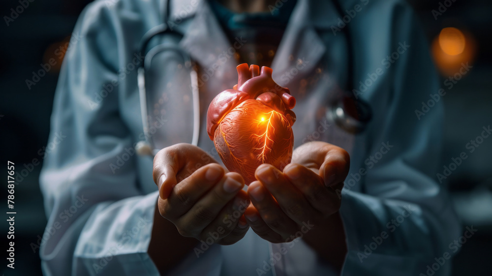 Medical doctor holding glowing anatomic human heart in hands, cardiovascular system protection and care,generative ai Medical doctor holding glowing anatomic human heart in hands, cardiovascular system protection and care,generative ai