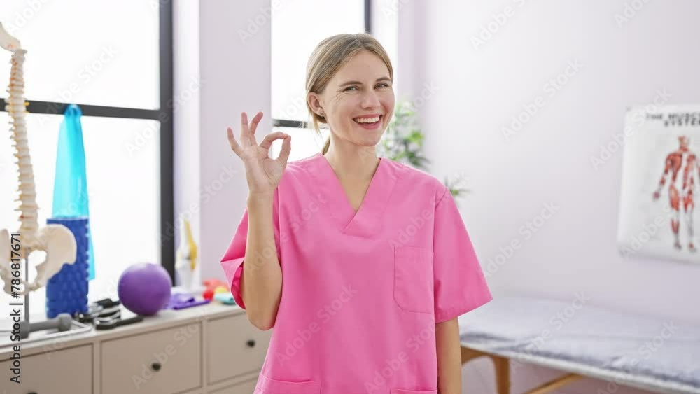 Smiling blonde therapist at rehab clinic, working, gesturing excellent 'ok' sign, exuding confidence and positivity Smiling blonde therapist at rehab clinic, working, gesturing excellent 'ok' sign, exuding confidence and positivity
