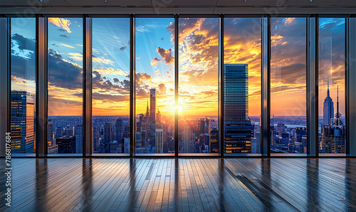 Sunset hues illuminate a modern skyline, framed by panoramic windows