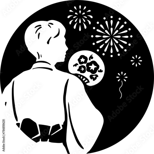 夏 浴衣 男性 シルエット お祭り 花火 手描き 切絵 影絵 和風 背景 イラスト素材 モノクロ