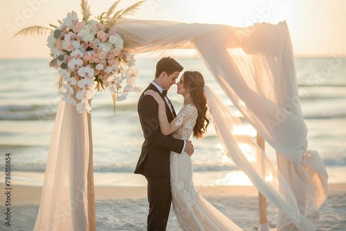 a bride and groom standing under a wedding arch on the beach