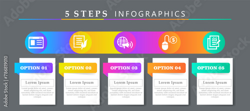Steps infographics design layout template including icons of website, content, marketing, pay per click and result. Creative presentation with 5 options concept.