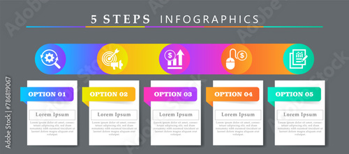 Steps infographics design layout template including icons of research, advertising, increase sales, pay per click and result. Creative presentation with 5 options concept.