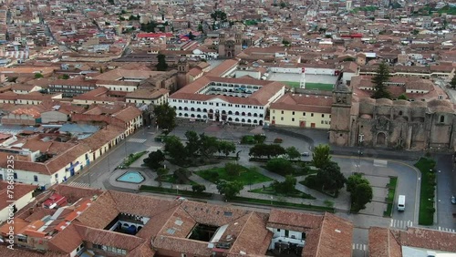 Church And Convent Of Plaza De San Francisco Museum In Cusco, Peru. Aerial Drone Shot photo