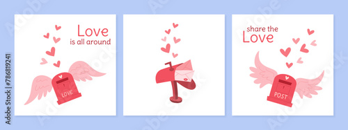 Creative love mailbox with wings poster set, cartoon style cute mail design, trendy craft post card template, flat handmade envelope and letter banner with hearts, modern romantic postcard concept.