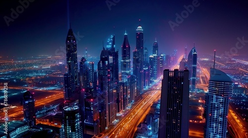 Panorama nocturno con rascacielos iluminados y calles concurridas, reflejando el vibrante estilo de vida urbano photo