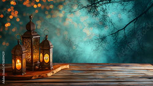 Wooden Table with Arabic Lantern and Background  Ramadan Celebration