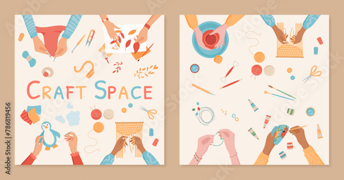 Flat handmade craftwork art class background, creative handcraft top view illustration, hands create handicraft hobby activity collection, colorful children craft work social media banner concept.