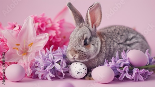 Blooming Lilac Hyacinth Flower Macro with Easter Rabbit and Eggs on Pink Background © 2rogan