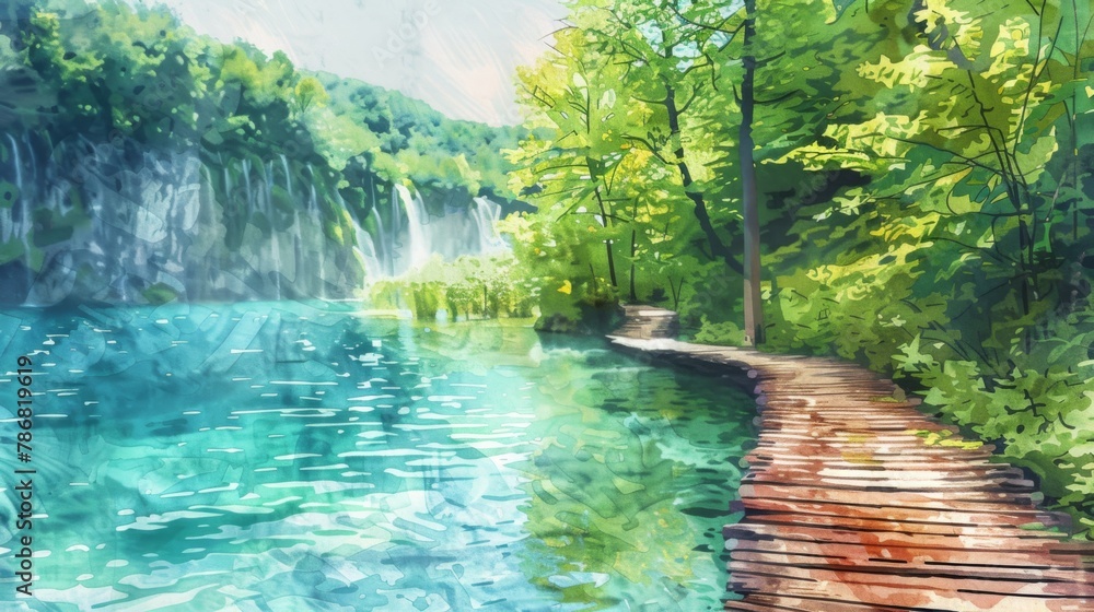 Obraz premium A watercolor illustration depicting a path winding towards a majestic waterfall in the Plitvice Lakes National Park. Lush greenery surrounds the path, leading the eye towards the powerful cascade of w