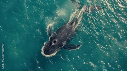 A Southern Right Whale is captured swimming in the ocean from an aerial perspective. The massive mammal gracefully navigates through the water, showcasing its size and unique movements. photo