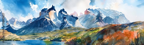 A watercolor painting depicting a majestic mountain range overlooking a serene body of water. The mountains are prominently featured in the foreground, with their peaks reaching towards the sky, while photo