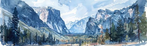 A watercolor illustration of snow-covered mountains and trees in Yosemite National Park. The painting captures the serene beauty of a winter landscape, with the mountains towering over the snowy fores photo