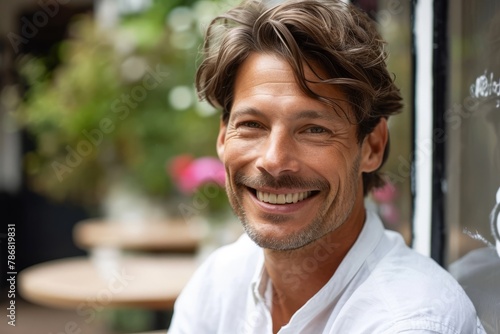 Portrait of handsome man smiling at the camera in a coffee shop