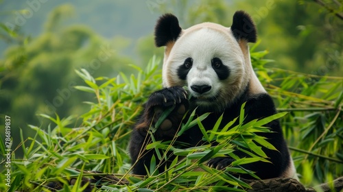 A giant panda bear is actively munching on bamboo shoots in a lush forest setting. The pandas distinct black and white fur stands out against the green foliage as it enjoys its favorite meal.