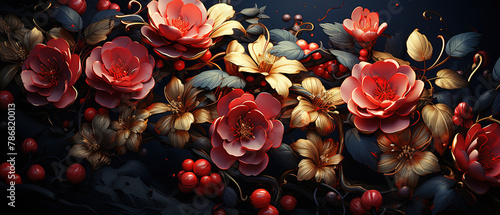 a painting of flowers and berries on a black background photo