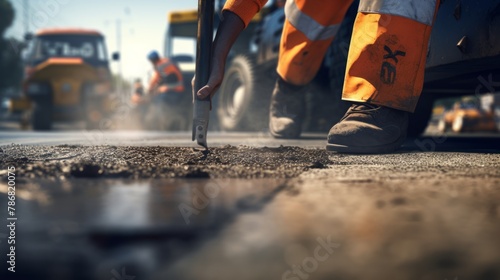 Generative AI Close-up of a road worker using a jackhammer, repairing the road surface, construction zone with safety signs visible