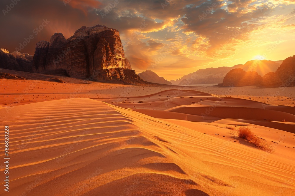 Fototapeta premium sunset over the desert, golden sky