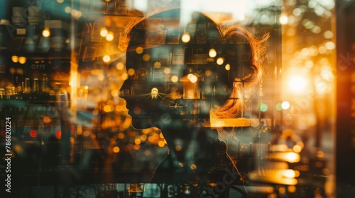 A womans face is reflected in the glass window  creating a double exposure effect. The reflection captures her features as she gazes outward with a contemplative expression.