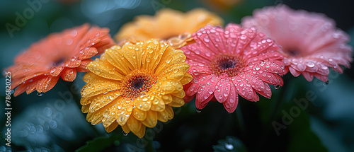 brightly colored flowers with water droplets on them in a garden photo