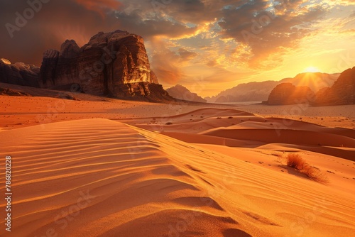sunset over the desert, golden sky