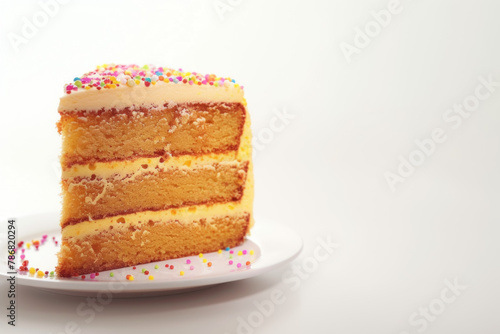 Delightful Layered Vanilla Cake Slice with Colorful Sprinkles on a White Plate