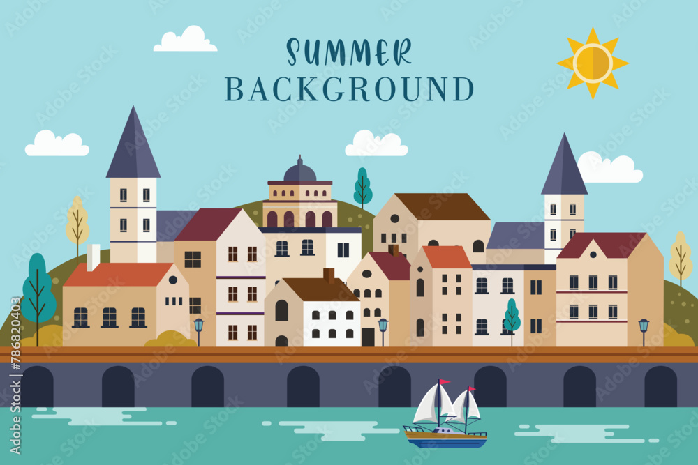 Naklejka premium Summer skyline concept flat vector illustration, Flat design urban landscape illustration