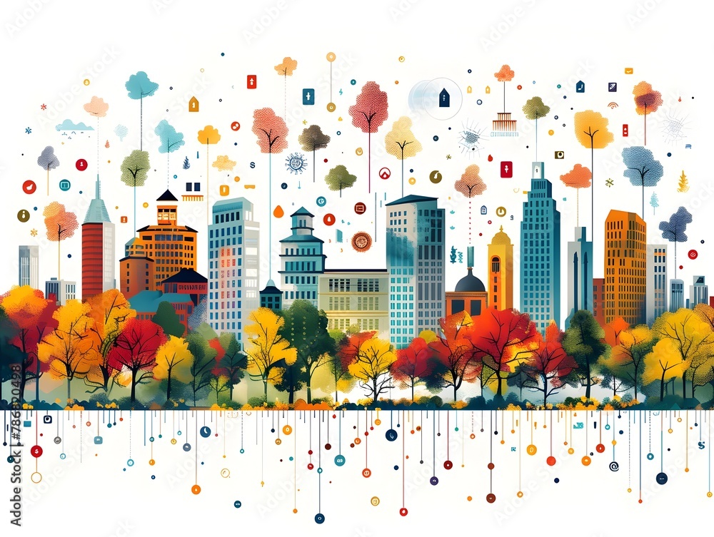 Obraz premium Integrated Urban Landscape with Vibrant Autumn Tones and Minimalist Data Visualization Elements