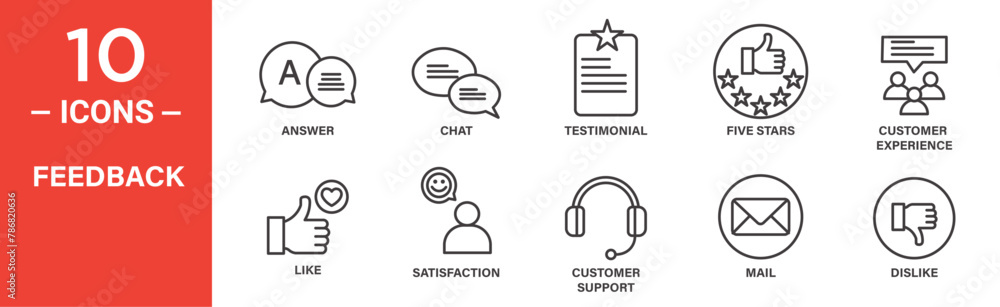 Feedback related vector icon set. included testimonial, five stars, customer, experience, like, satisfaction, customer,  and more icons.