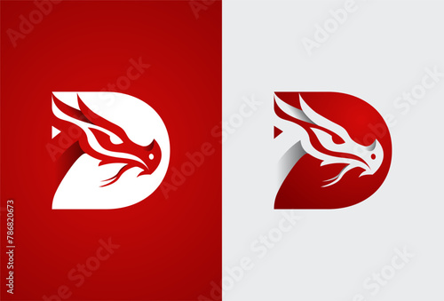 Dragon logo. letter D with negative space dragon head inside, isolated on background in two color style, vector illustration