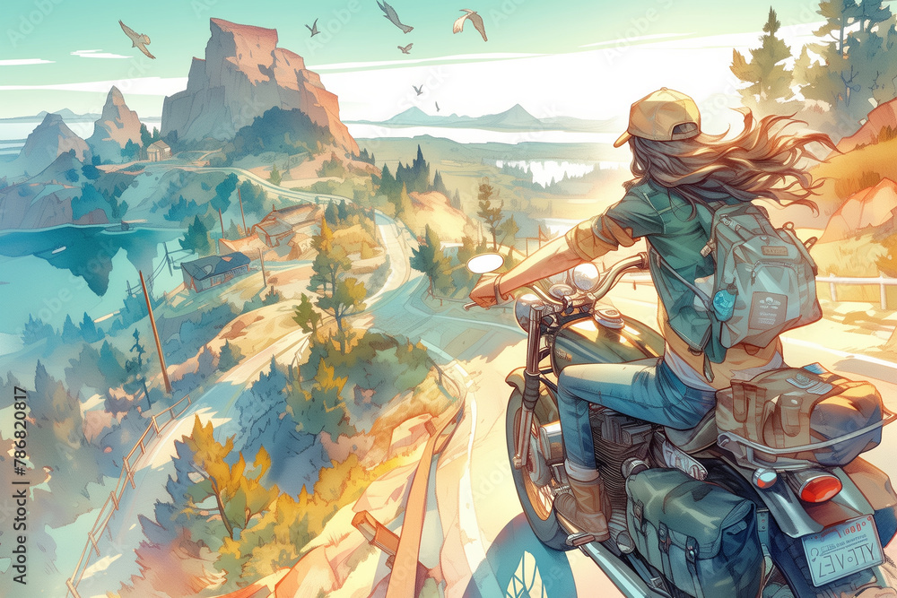 Fototapeta premium A girl rides a motorcycle through the mountains.