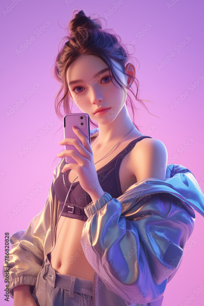 Naklejka premium Trendy Teenage 3D Model in Casual Style with Smartphone on Purple Background - Fashionable Virtual Influencer Avatar